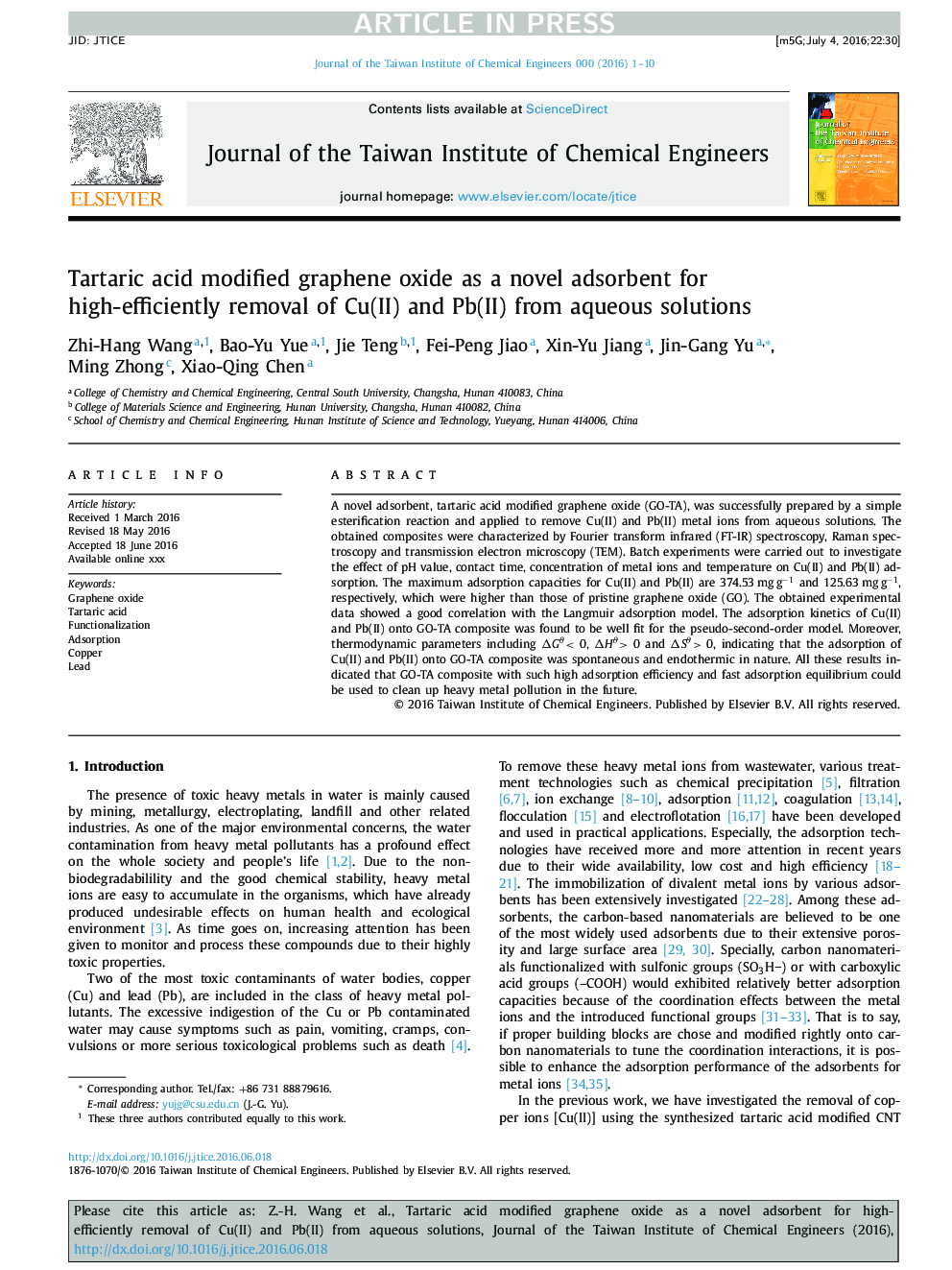 Tartaric acid modified graphene oxide as a novel adsorbent for high-efficiently removal of Cu(II) and Pb(II) from aqueous solutions