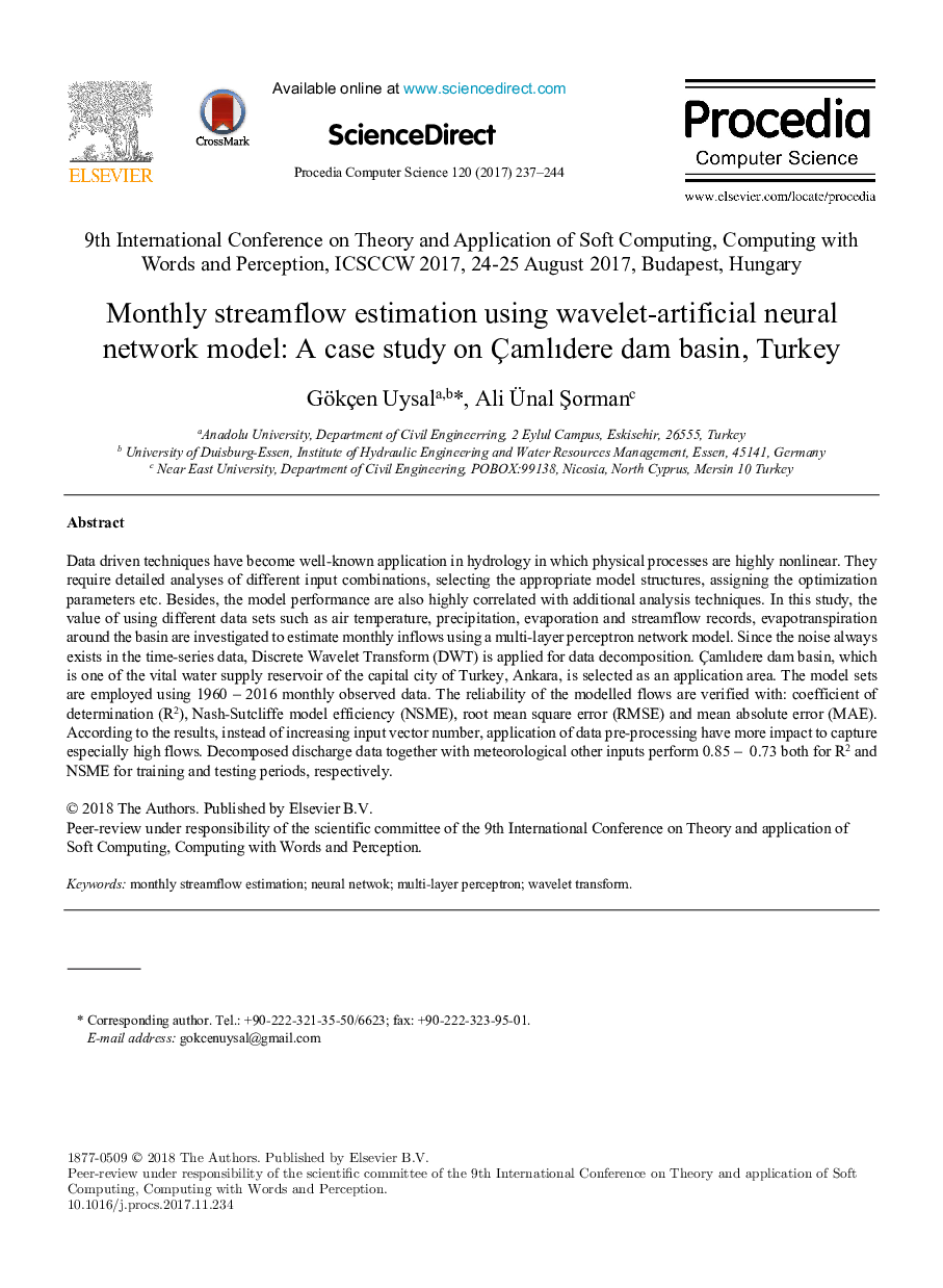 Monthly streamflow estimation using wavelet-artificial neural network model: A case study on ÃamlÄ±dere dam basin, Turkey