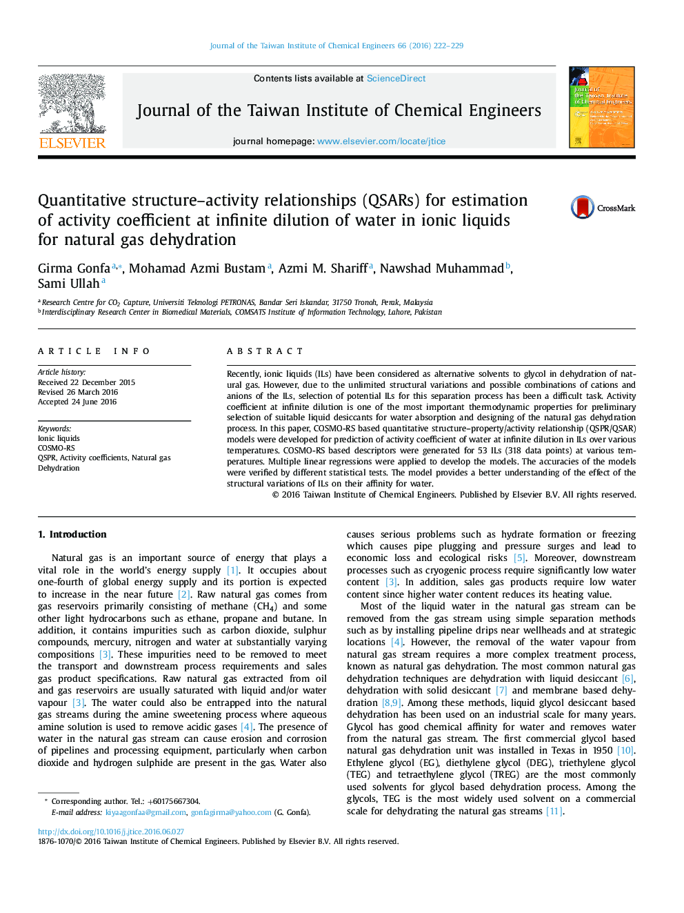 Quantitative structure-activity relationships (QSARs) for estimation of activity coefficient at infinite dilution of water in ionic liquids for natural gas dehydration