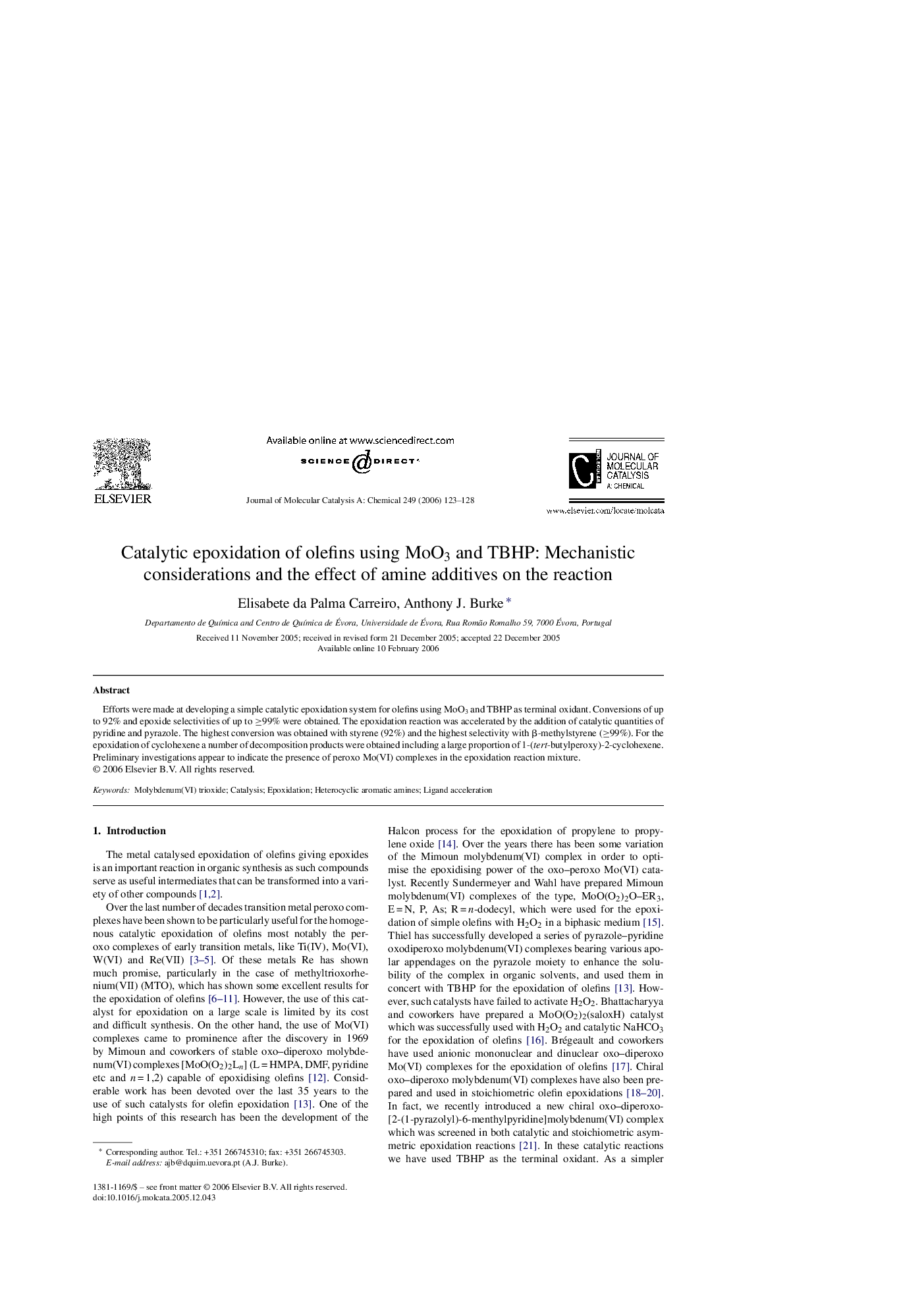 Catalytic epoxidation of olefins using MoO3 and TBHP: Mechanistic considerations and the effect of amine additives on the reaction