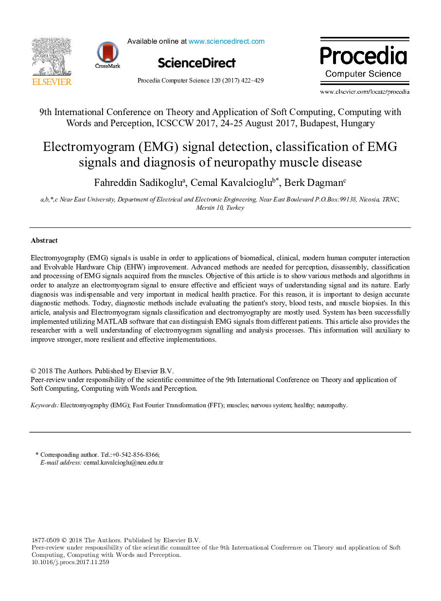 Electromyogram (EMG) signal detection, classification of EMG signals and diagnosis of neuropathy muscle disease