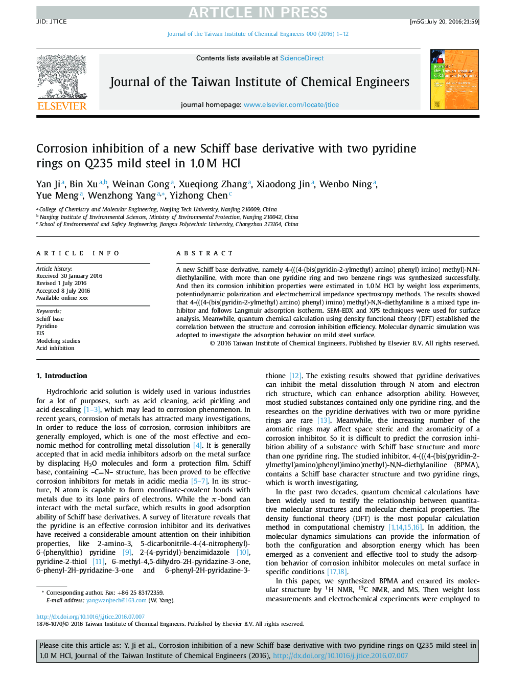 Corrosion inhibition of a new Schiff base derivative with two pyridine rings on Q235 mild steel in 1.0Â M HCl