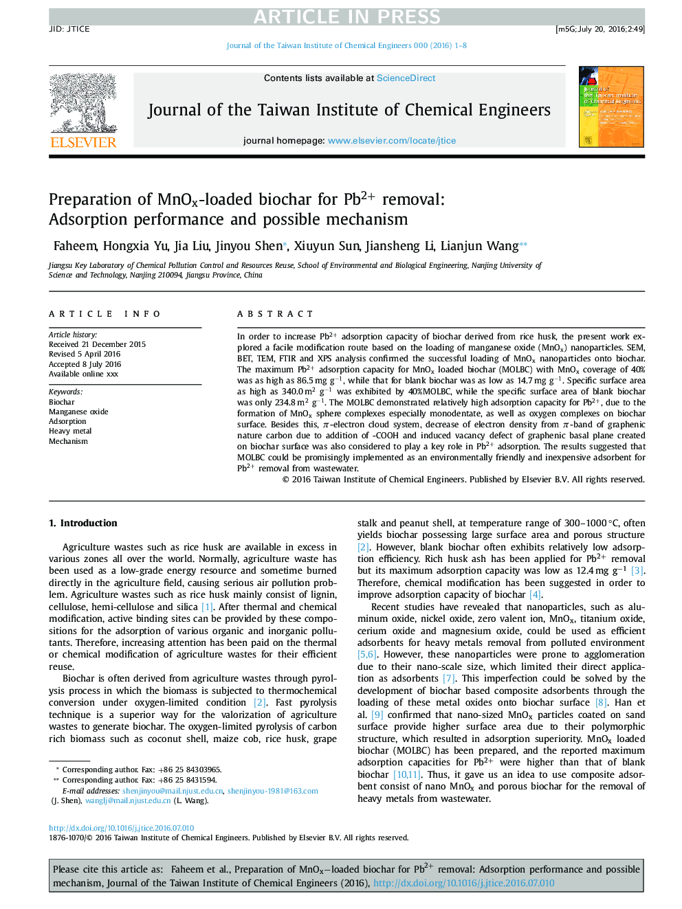 Preparation of MnOx-loaded biochar for Pb2+ removal: Adsorption performance and possible mechanism