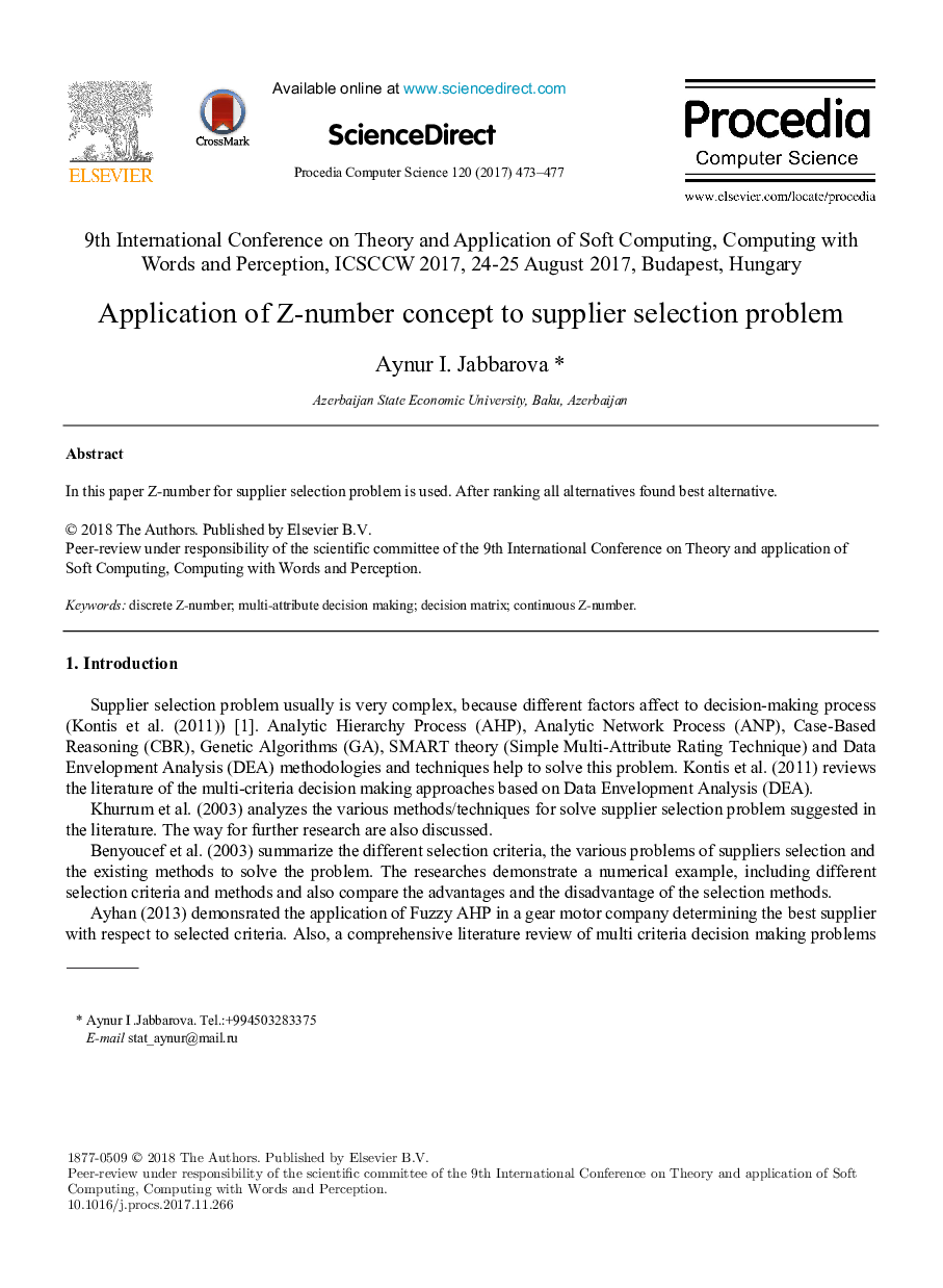 Application of Z-number concept to supplier selection problem