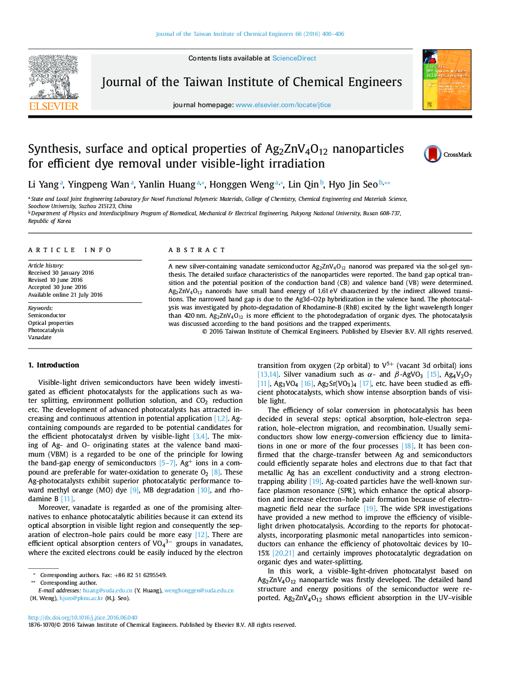 Synthesis, surface and optical properties of Ag2ZnV4O12 nanoparticles for efficient dye removal under visible-light irradiation