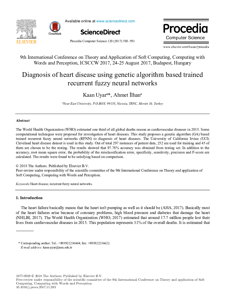 Diagnosis of heart disease using genetic algorithm based trained recurrent fuzzy neural networks