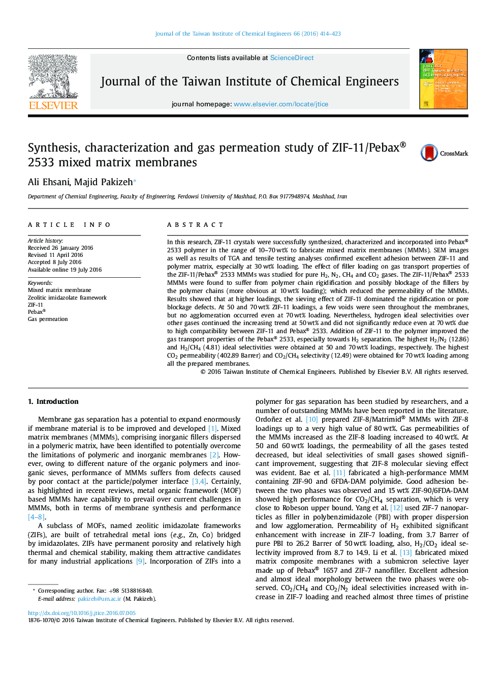 Synthesis, characterization and gas permeation study of ZIF-11/Pebax® 2533 mixed matrix membranes