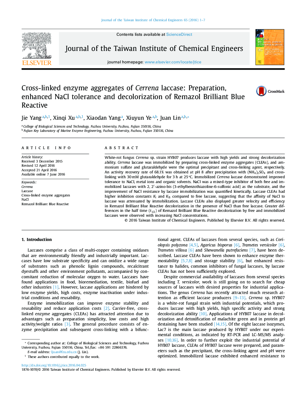 عکس صفحه اول مقاله: Cross-linked enzyme aggregates of Cerrena laccase: Preparation, enhanced NaCl tolerance and decolorization of Remazol Brilliant Blue Reactive Cross-linked enzyme aggregates of Cerrena laccase: Preparation, enhanced NaCl tolerance and decolorization of Remazol Brilliant Blue Reactive