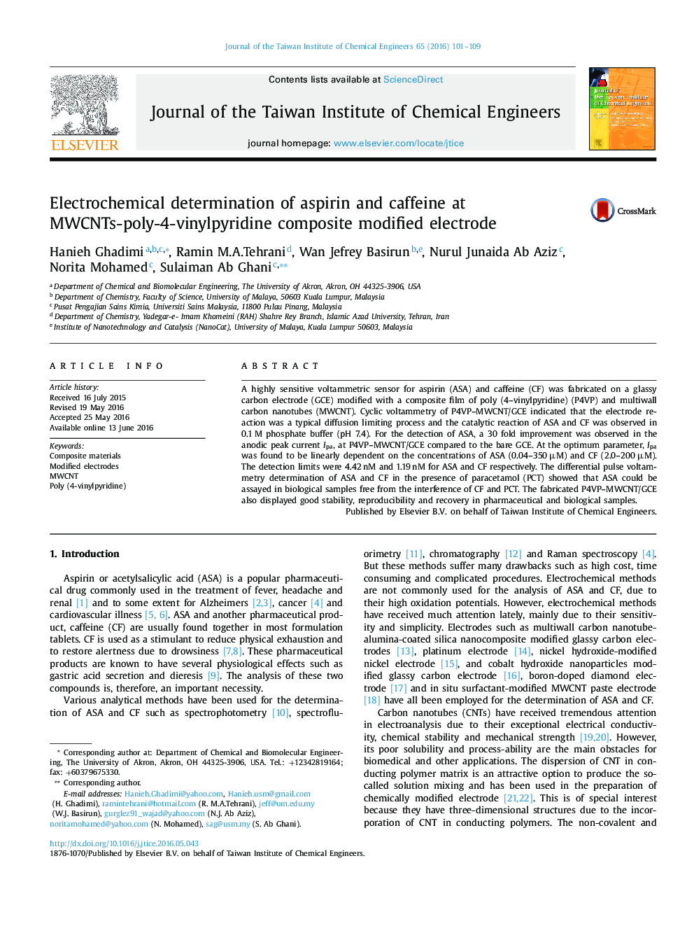 Electrochemical determination of aspirin and caffeine at MWCNTs-poly-4-vinylpyridine composite modified electrode