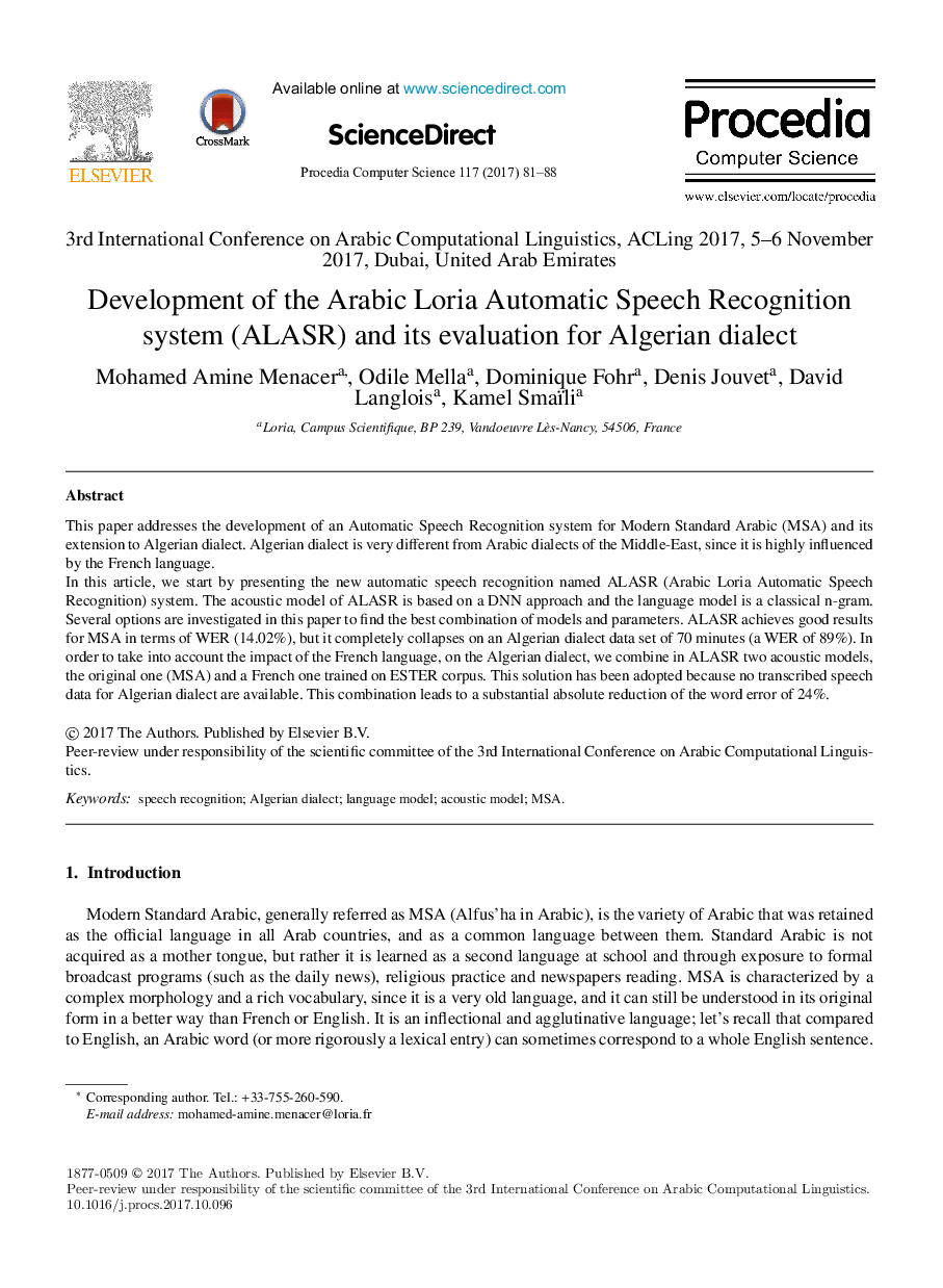 Development of the Arabic Loria Automatic Speech Recognition system (ALASR) and its evaluation for Algerian dialect