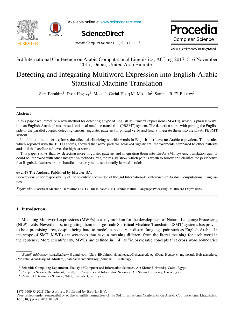 Detecting and Integrating Multiword Expression into English-Arabic Statistical Machine Translation