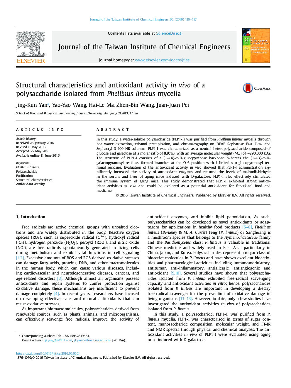 Structural characteristics and antioxidant activity in vivo of a polysaccharide isolated from Phellinus linteus mycelia