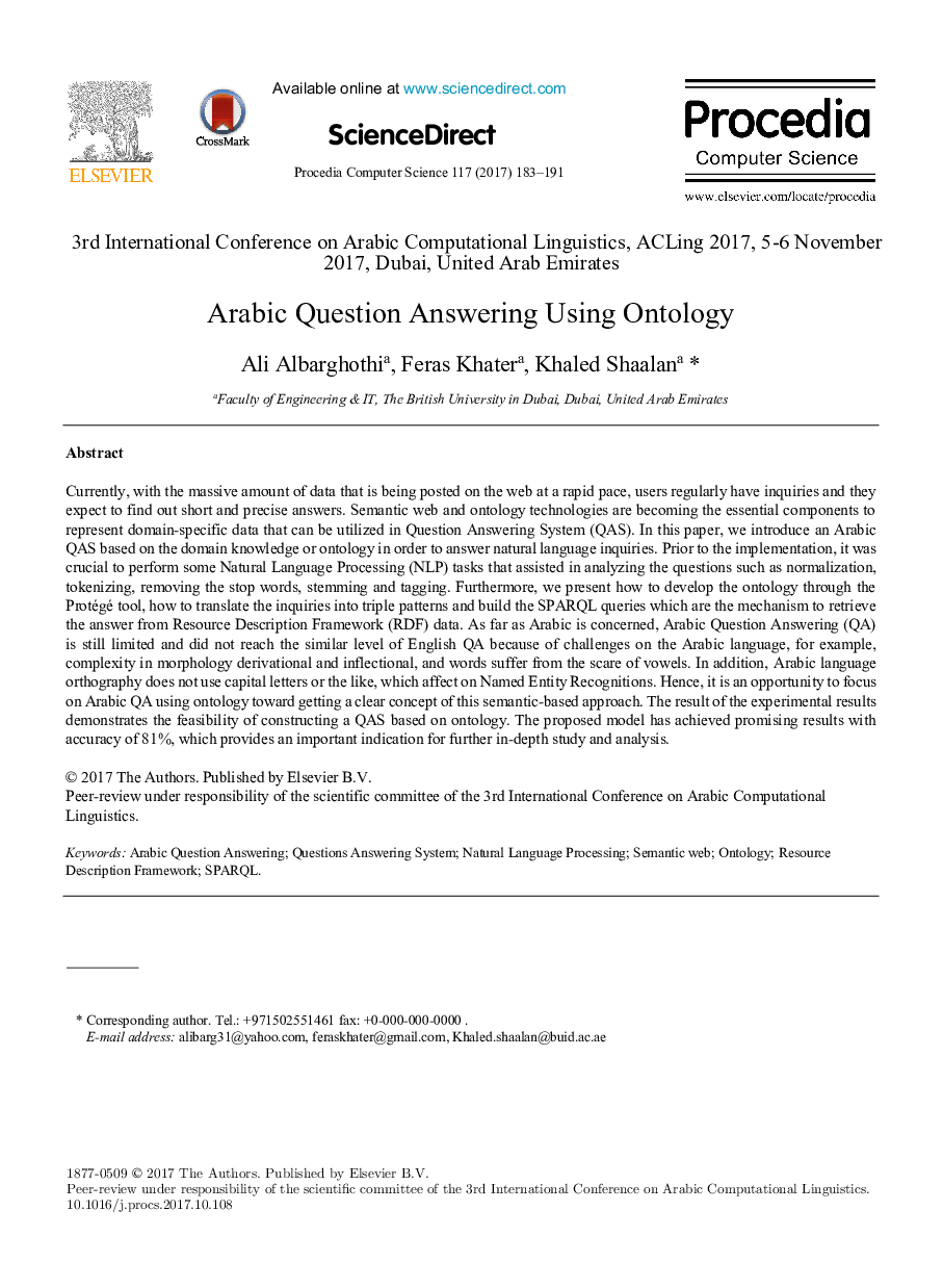 Arabic Question Answering Using Ontology