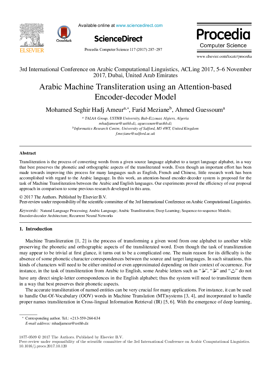 Arabic Machine Transliteration using an Attention-based Encoder-decoder Model