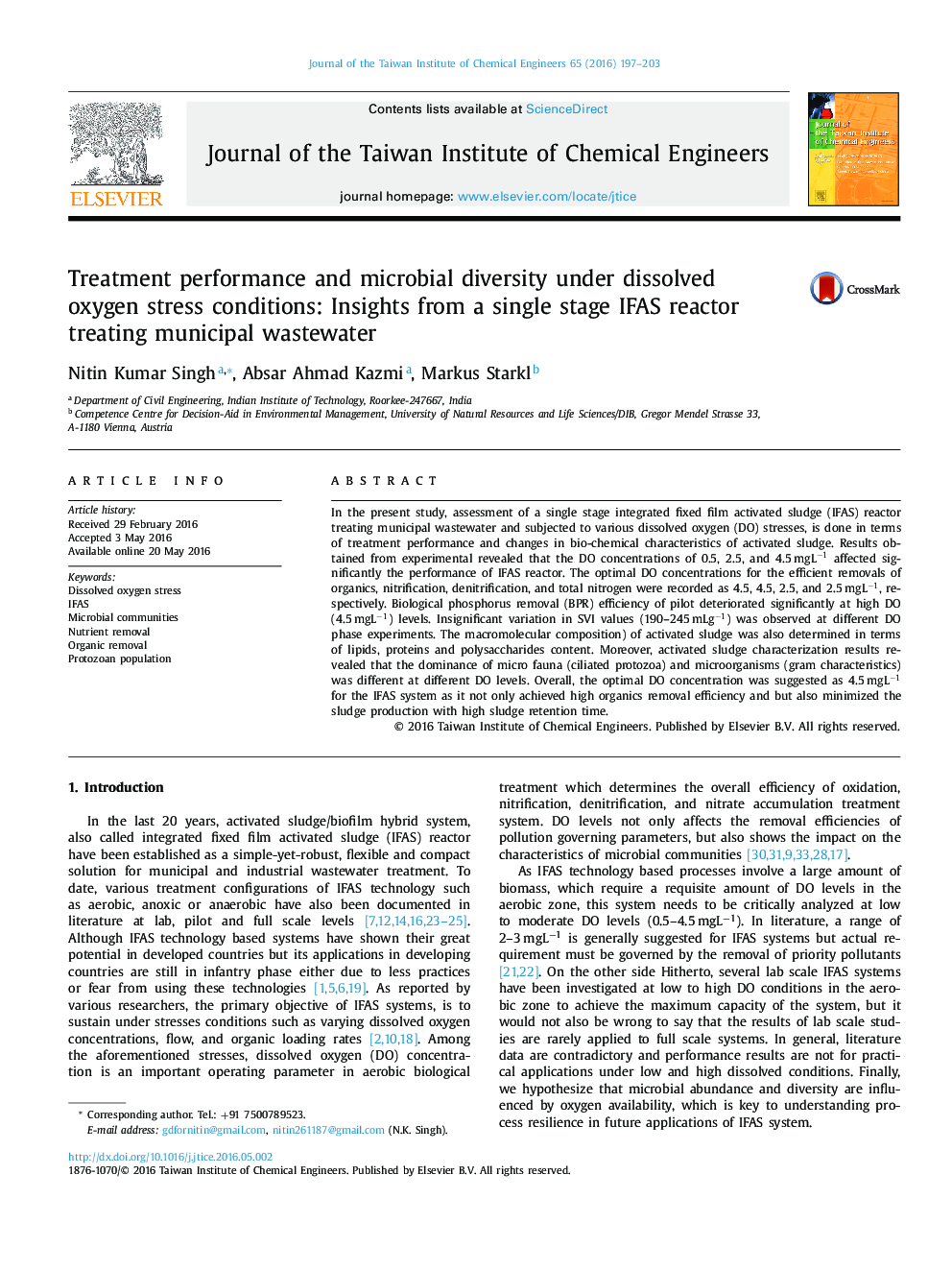 عکس صفحه اول مقاله: Treatment performance and microbial diversity under dissolved oxygen stress conditions: Insights from a single stage IFAS reactor treating municipal wastewater Treatment performance and microbial diversity under dissolved oxygen stress conditions: Insights from a single stage IFAS reactor treating municipal wastewater