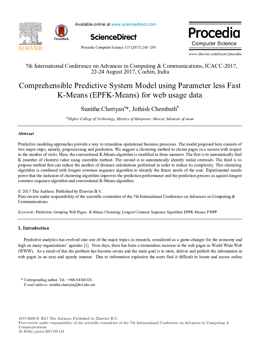 Comprehensible Predictive System Model using Parameter less Fast K-Means (EPFK-Means) for web usage data