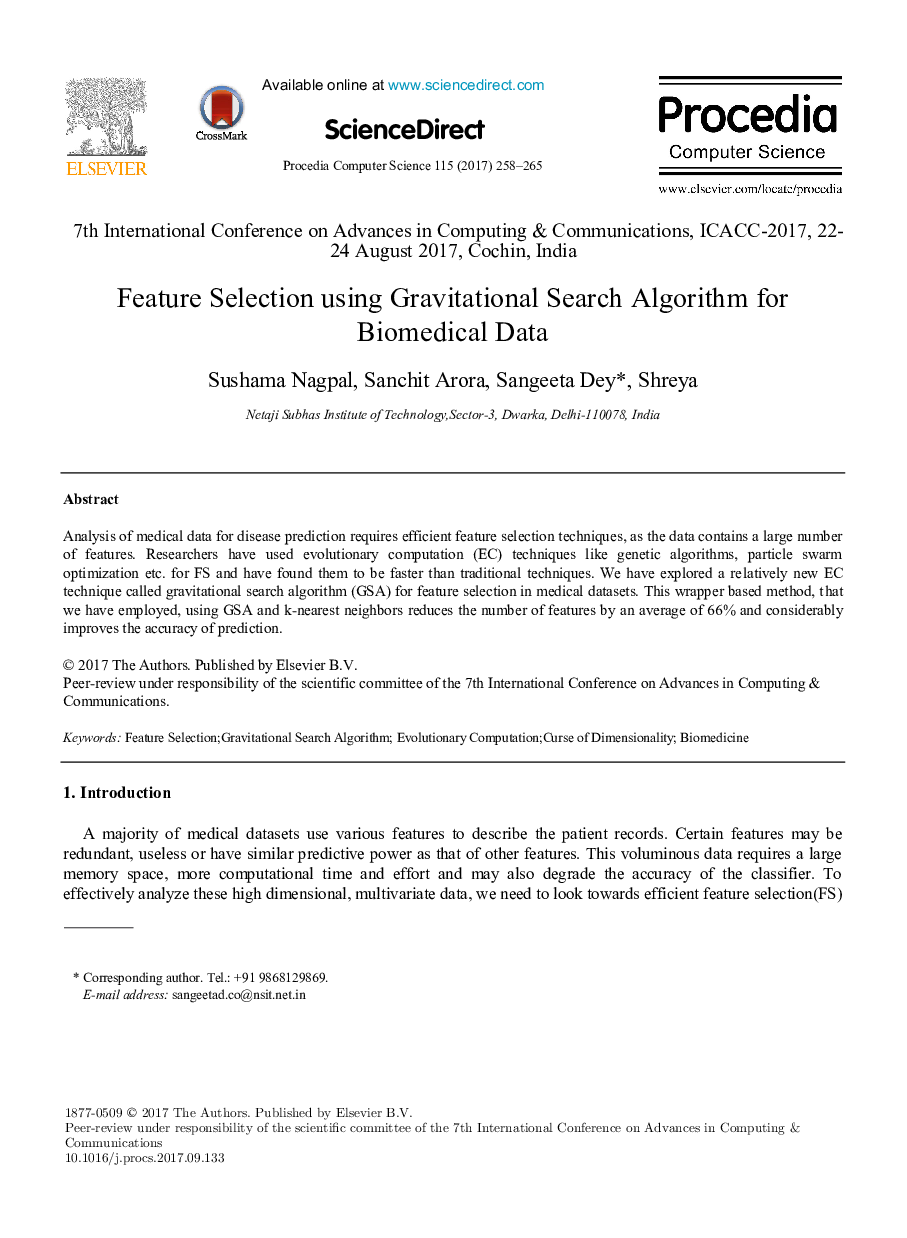 Feature Selection using Gravitational Search Algorithm for Biomedical Data