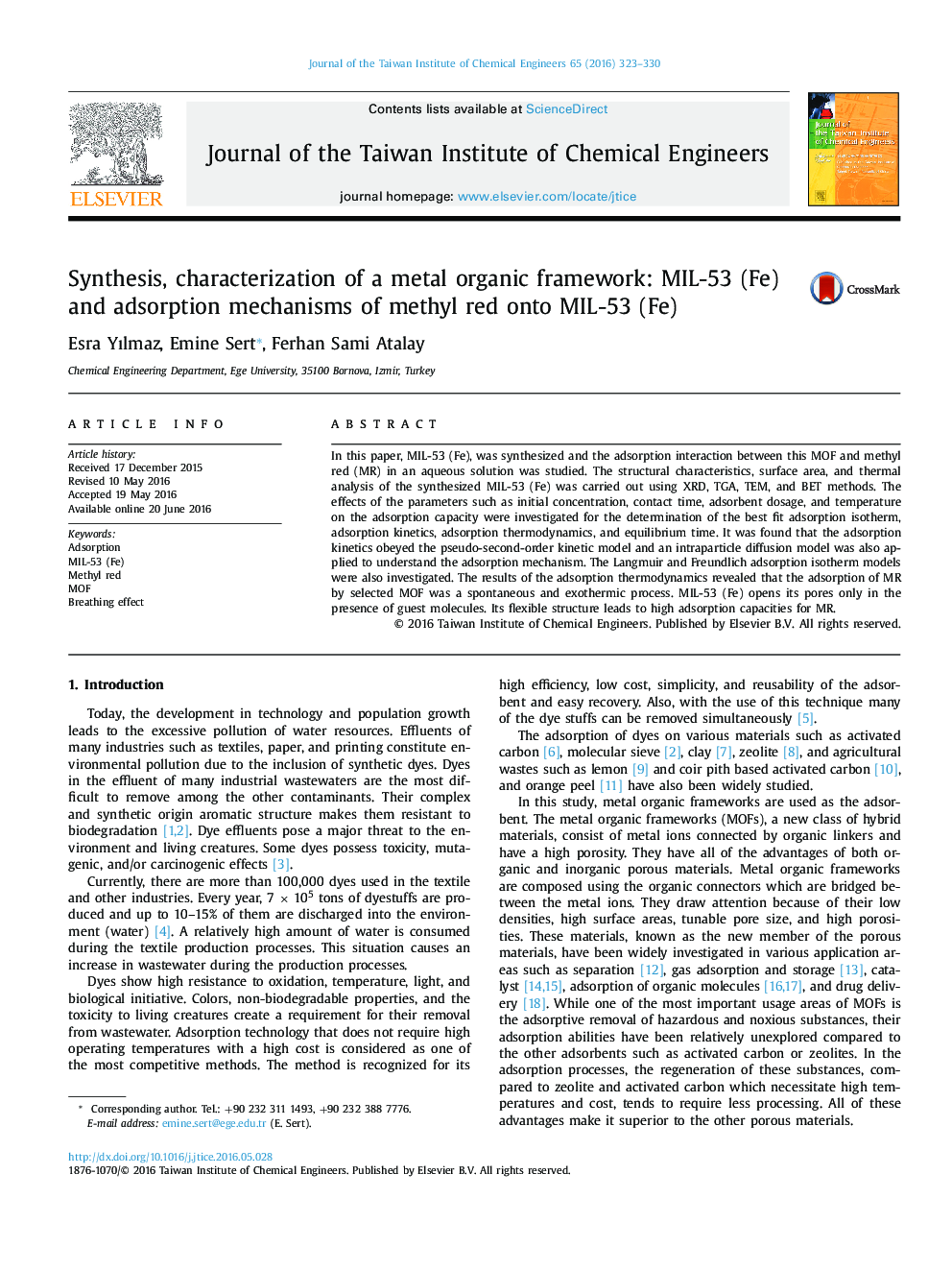 Synthesis, characterization of a metal organic framework: MIL-53 (Fe) and adsorption mechanisms of methyl red onto MIL-53 (Fe)