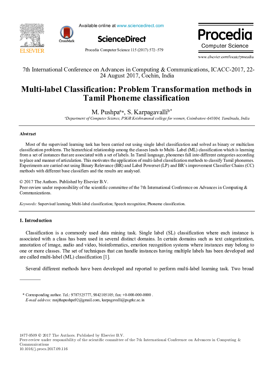 Multi-label Classification: Problem Transformation methods in Tamil Phoneme classification