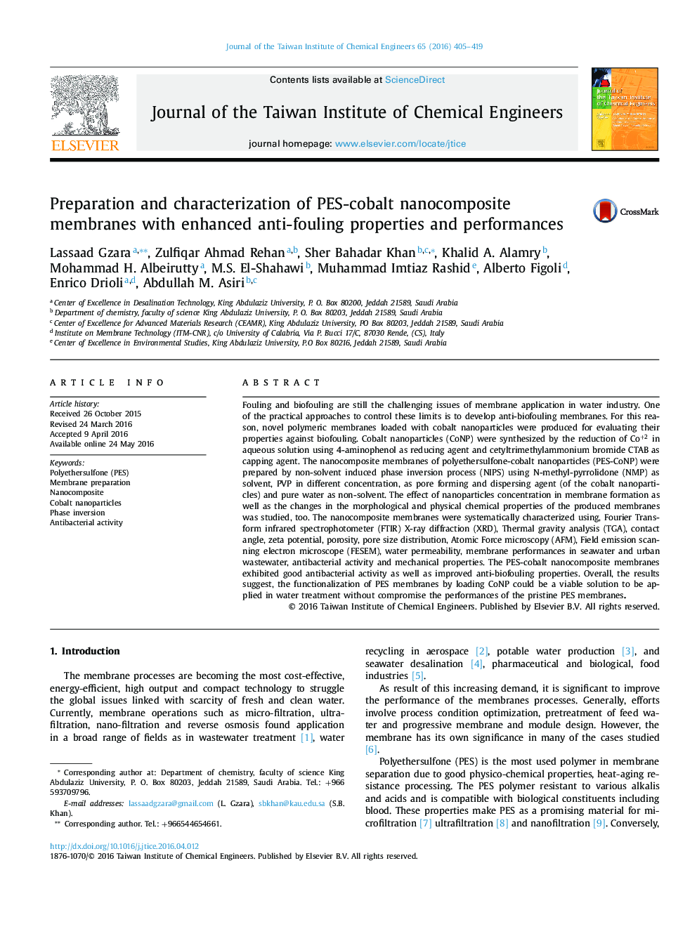 Preparation and characterization of PES-cobalt nanocomposite membranes with enhanced anti-fouling properties and performances