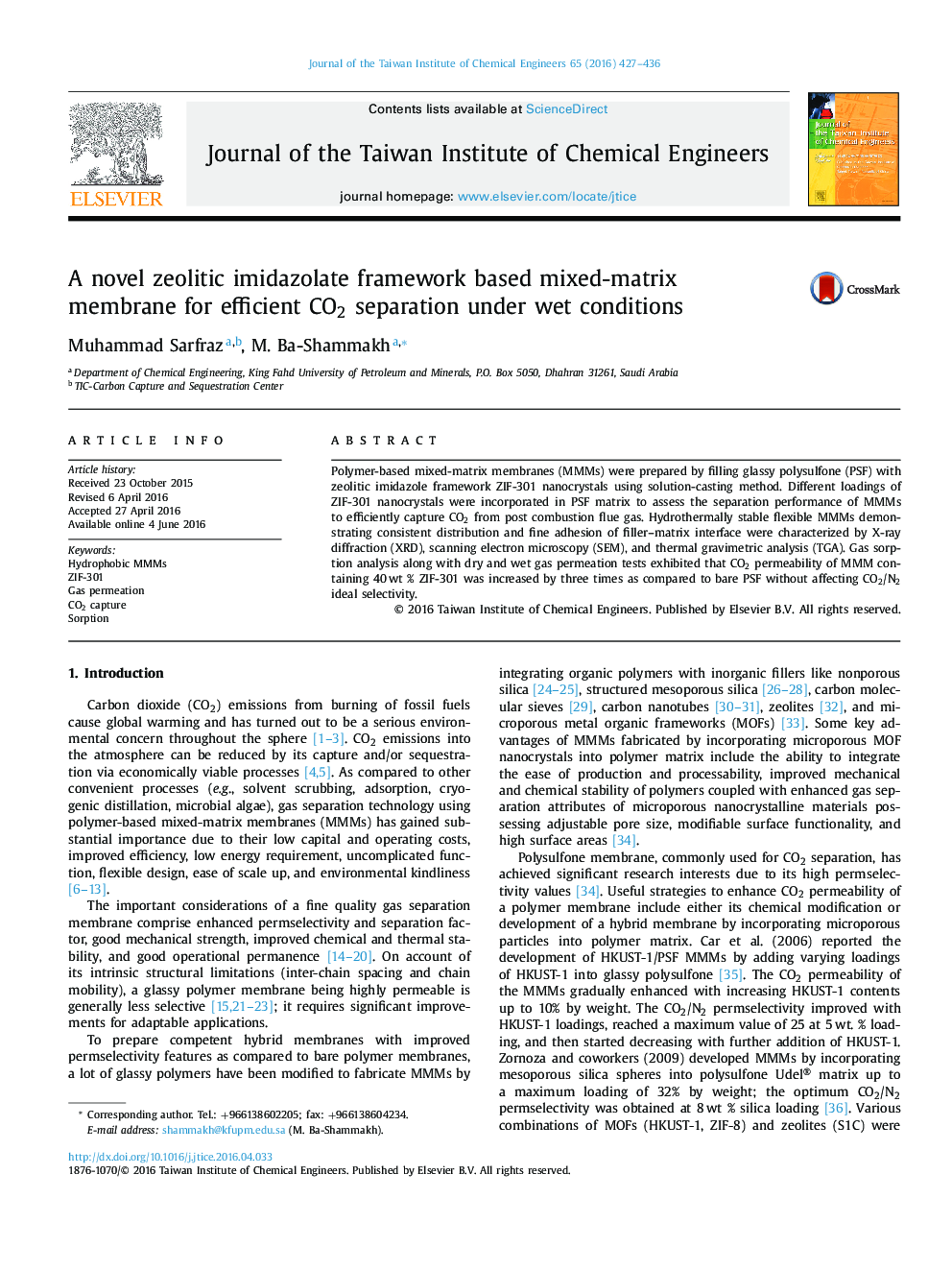 A novel zeolitic imidazolate framework based mixed-matrix membrane for efficient CO2 separation under wet conditions