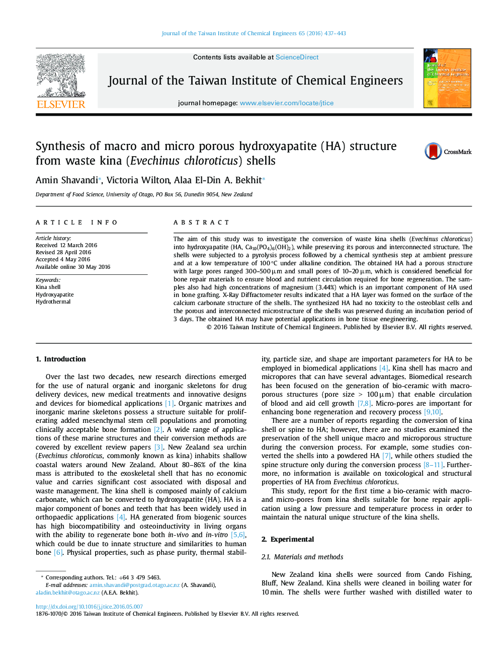 Synthesis of macro and micro porous hydroxyapatite (HA) structure from waste kina (Evechinus chloroticus) shells