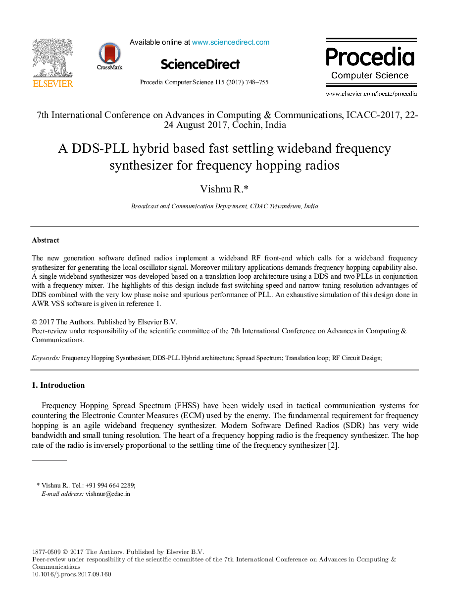 A DDS-PLL hybrid based fast settling wideband frequency synthesizer for frequency hopping radios