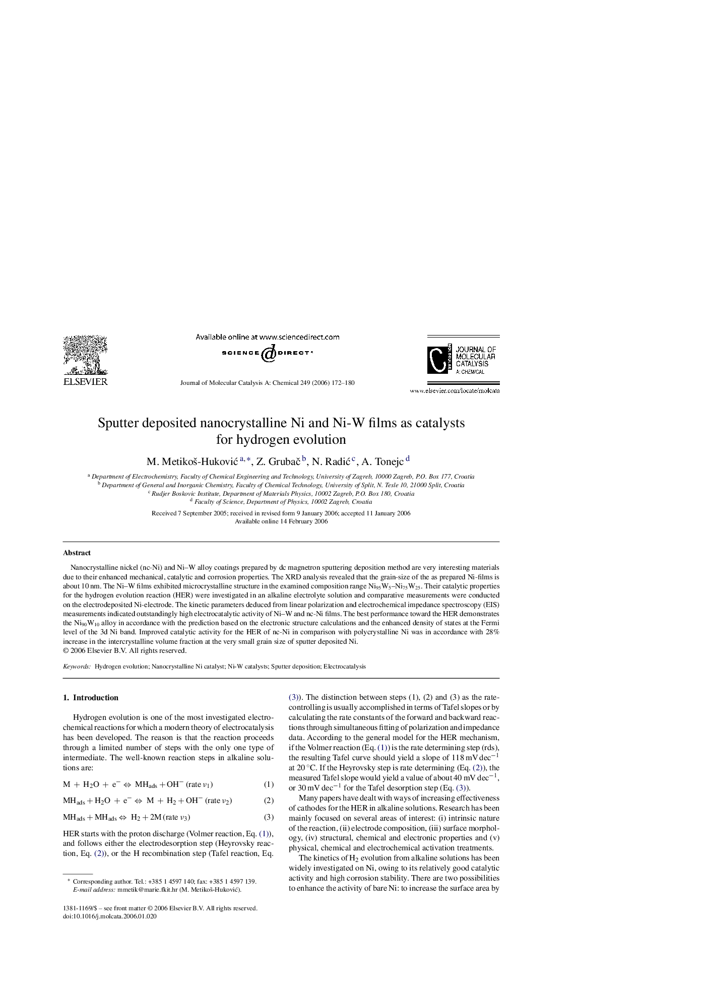 Sputter deposited nanocrystalline Ni and Ni-W films as catalysts for hydrogen evolution