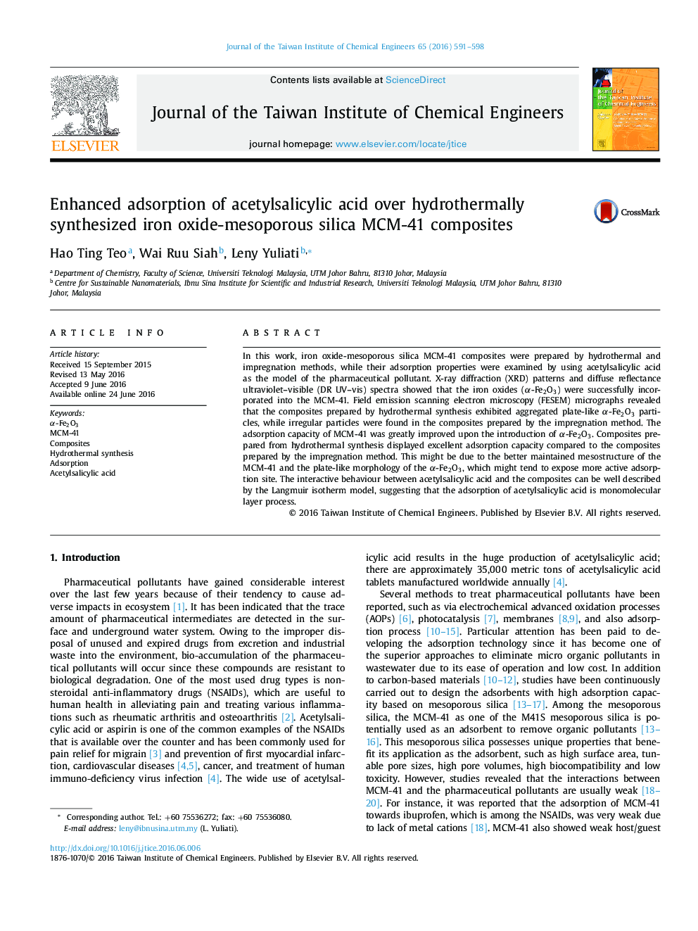 Enhanced adsorption of acetylsalicylic acid over hydrothermally synthesized iron oxide-mesoporous silica MCM-41 composites