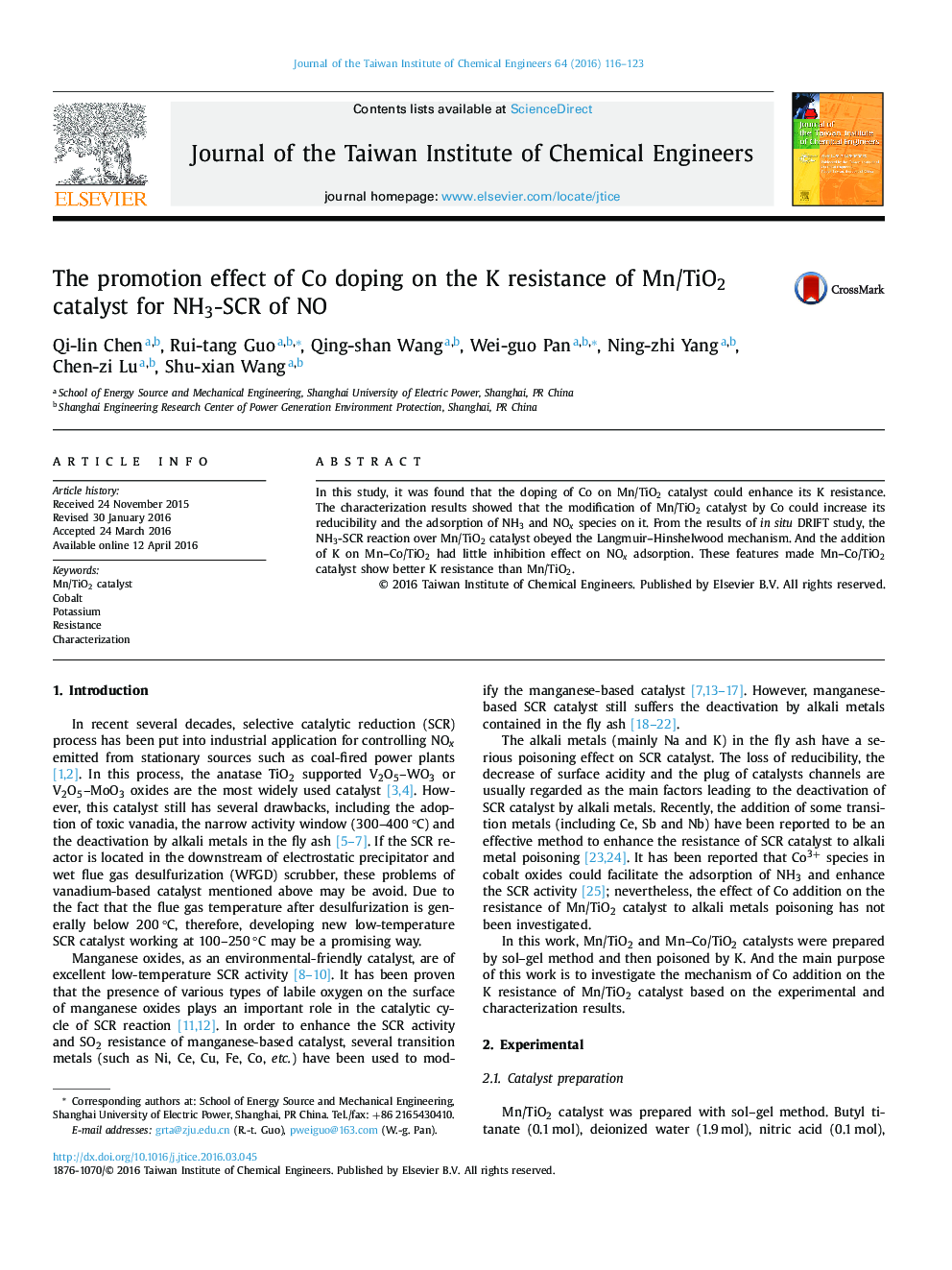 The promotion effect of Co doping on the K resistance of Mn/TiO2 catalyst for NH3-SCR of NO