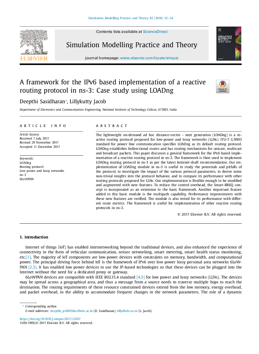 A framework for the IPv6 based implementation of a reactive routing protocol in ns-3: Case study using LOADng