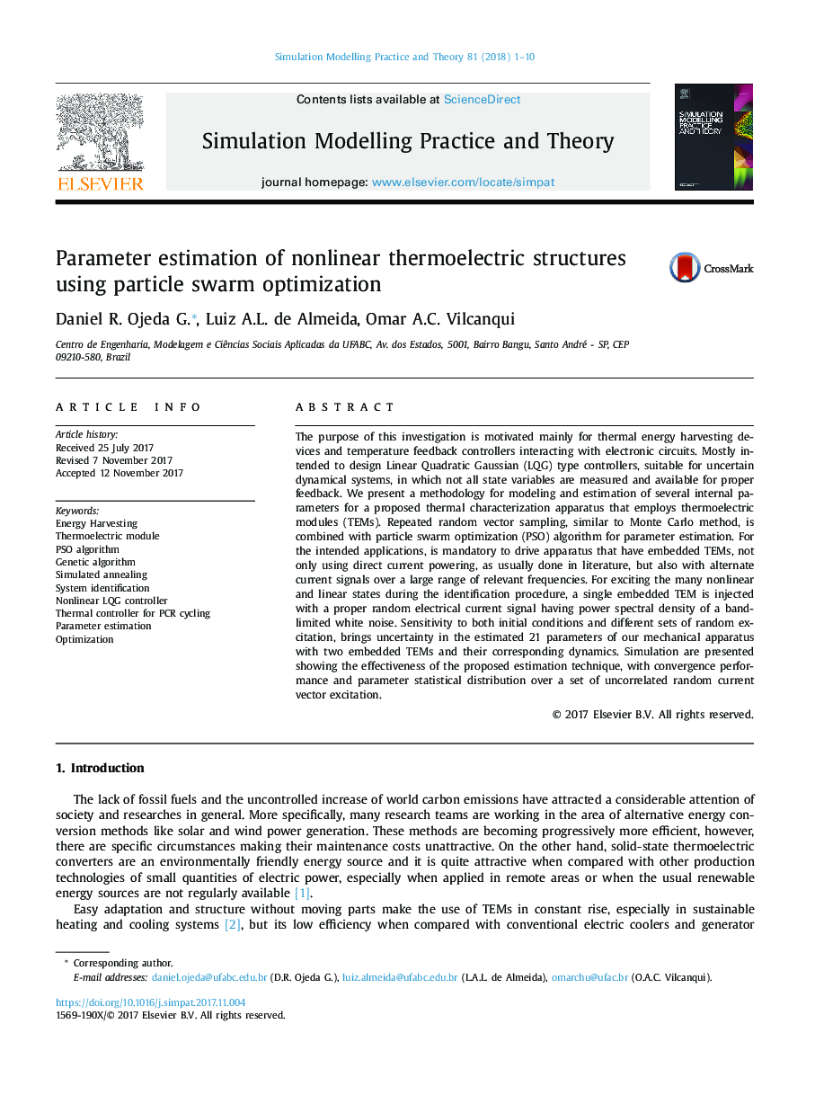 Parameter estimation of nonlinear thermoelectric structures using particle swarm optimization