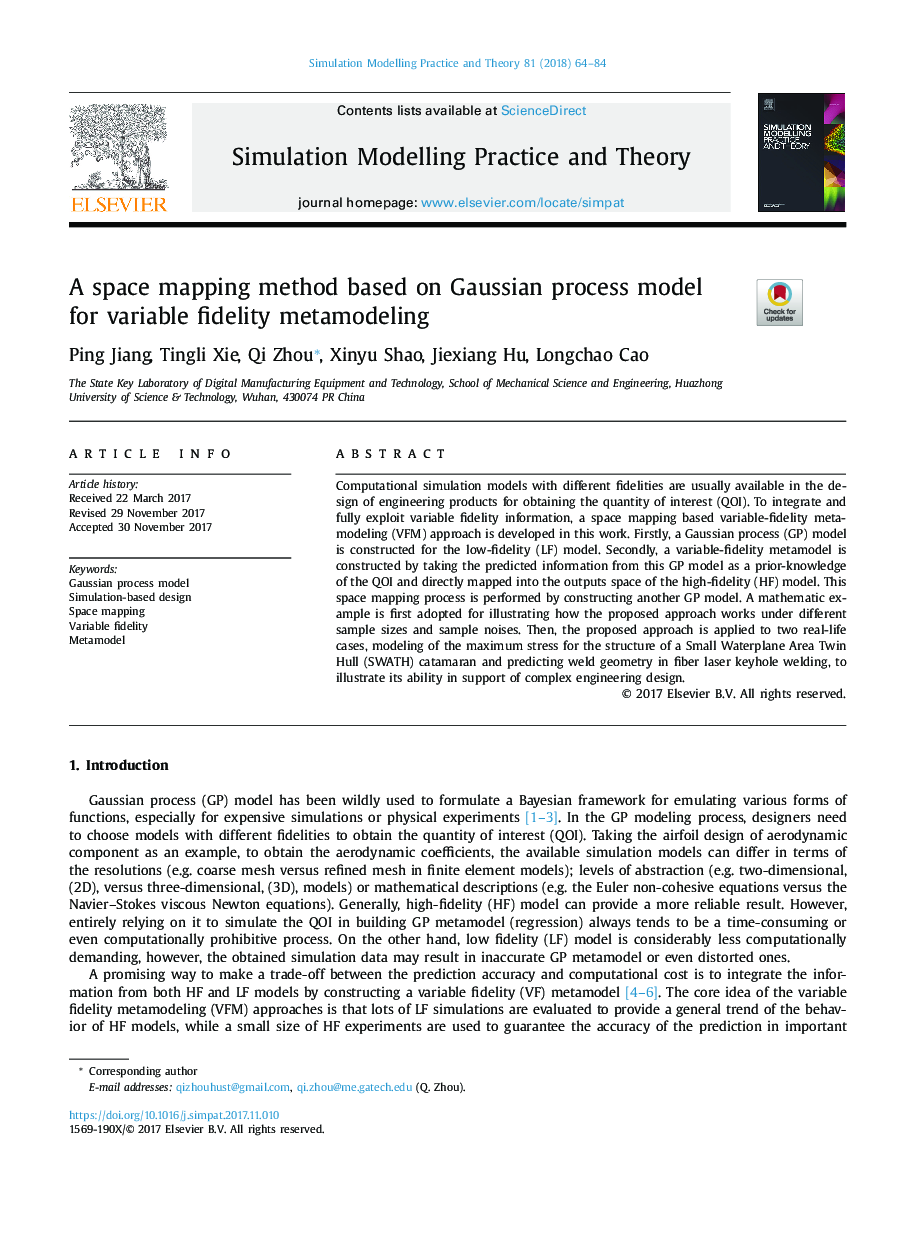 A space mapping method based on Gaussian process model for variable fidelity metamodeling