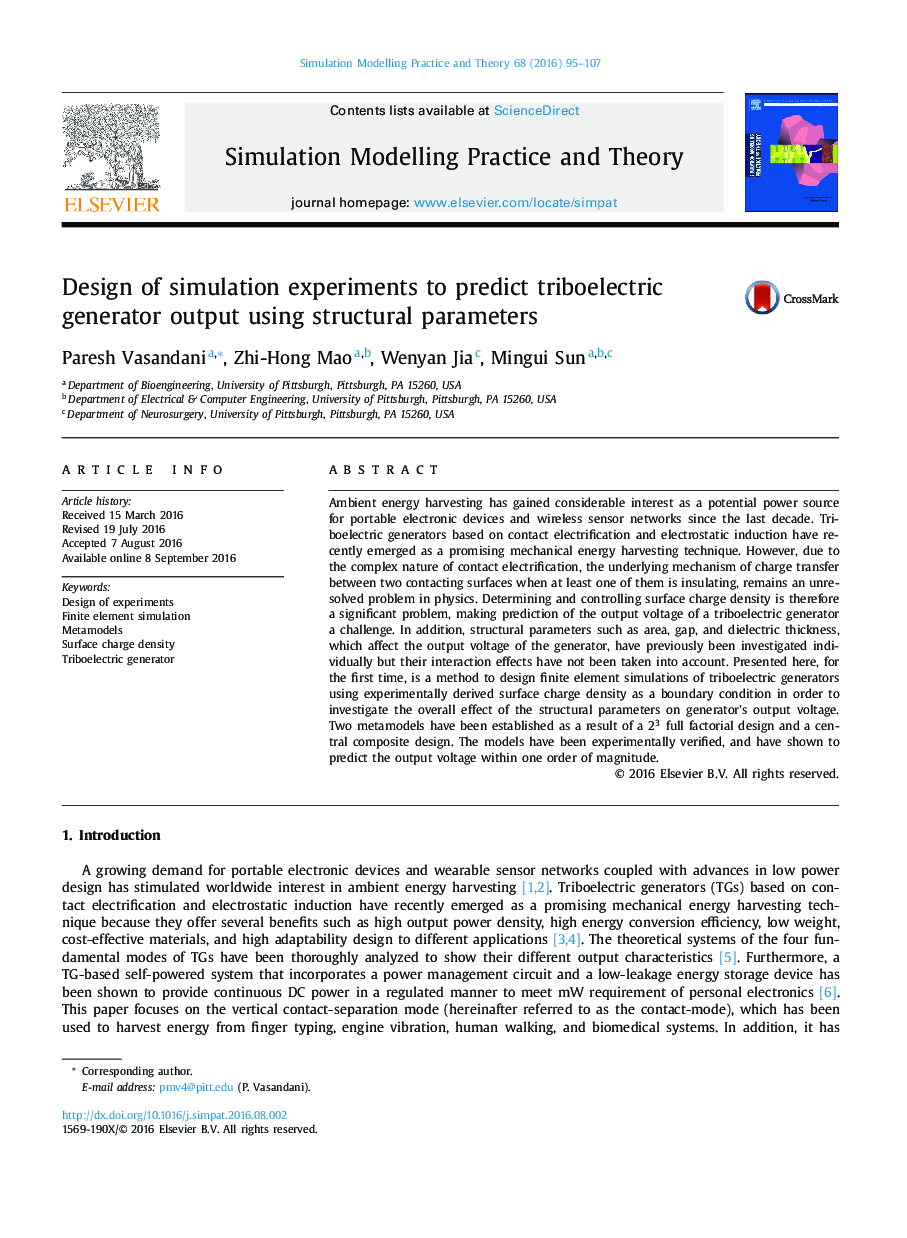 Design of simulation experiments to predict triboelectric generator output using structural parameters