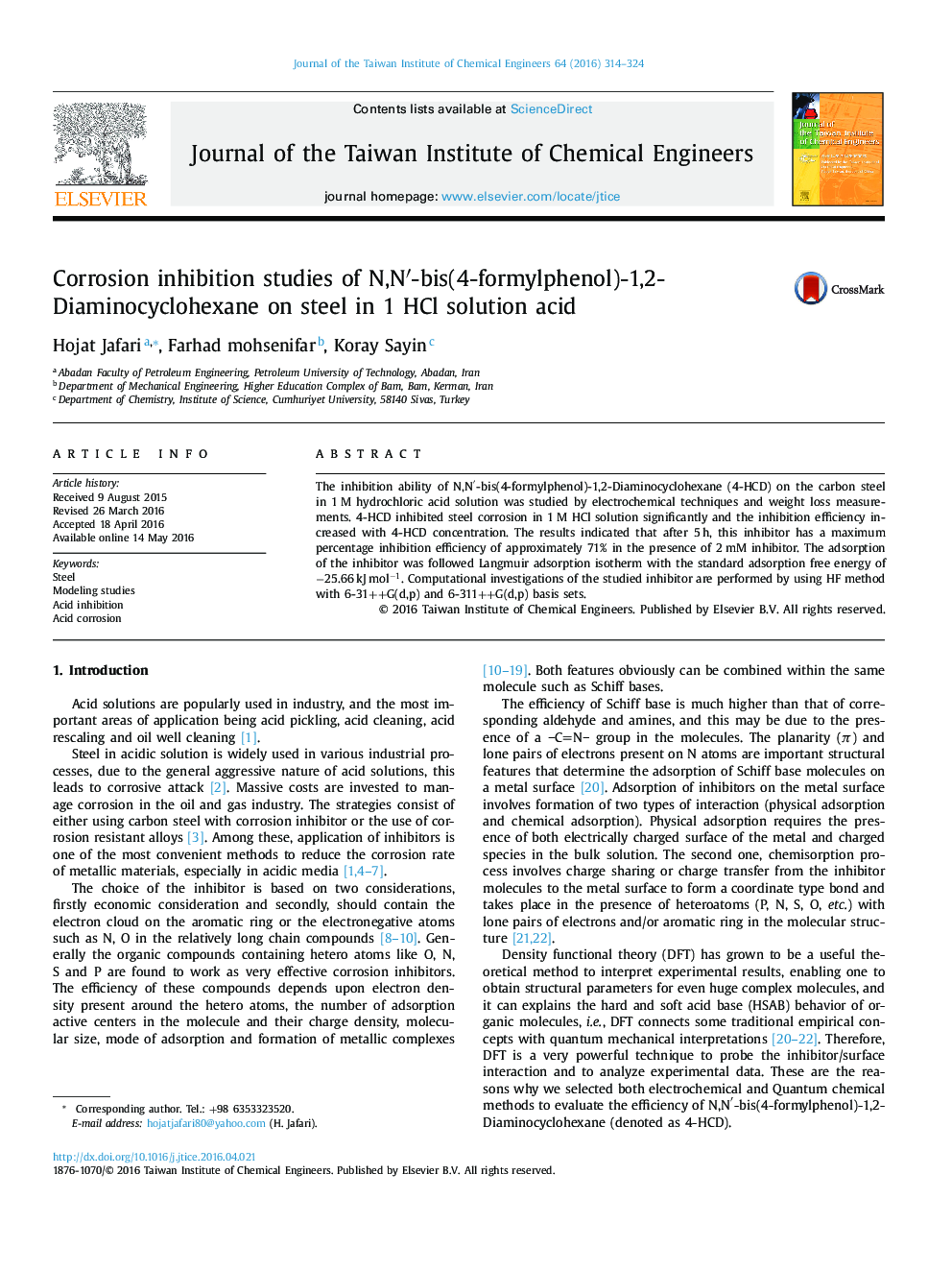 Corrosion inhibition studies of N,N′-bis(4-formylphenol)-1,2-Diaminocyclohexane on steel in 1 HCl solution acid