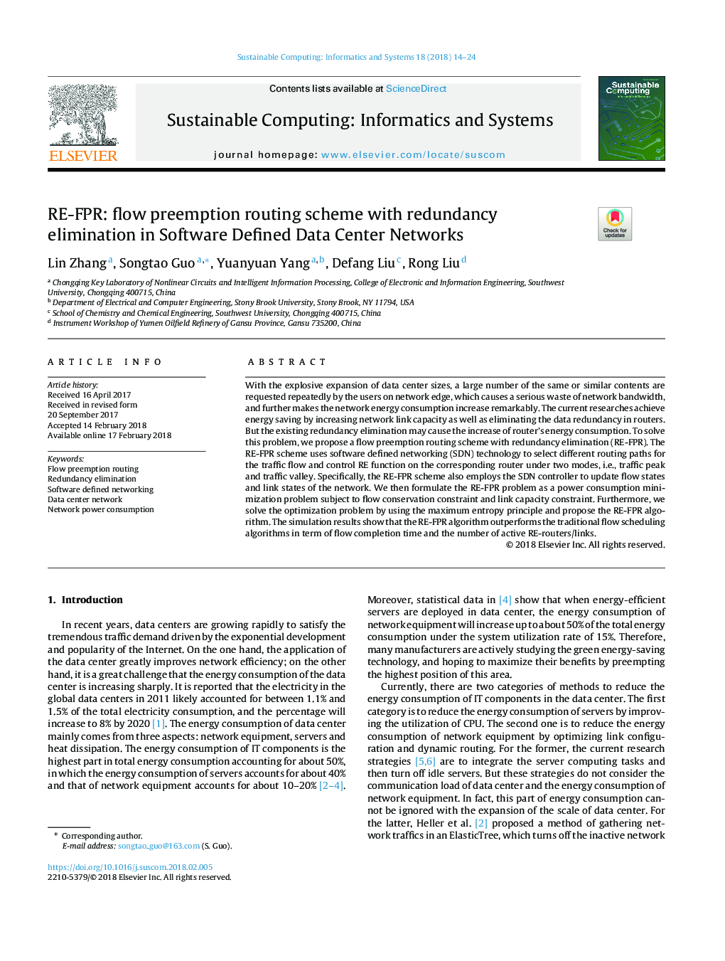عکس صفحه اول مقاله: RE-FPR: flow preemption routing scheme with redundancy elimination in Software Defined Data Center Networks RE-FPR: flow preemption routing scheme with redundancy elimination in Software Defined Data Center Networks
