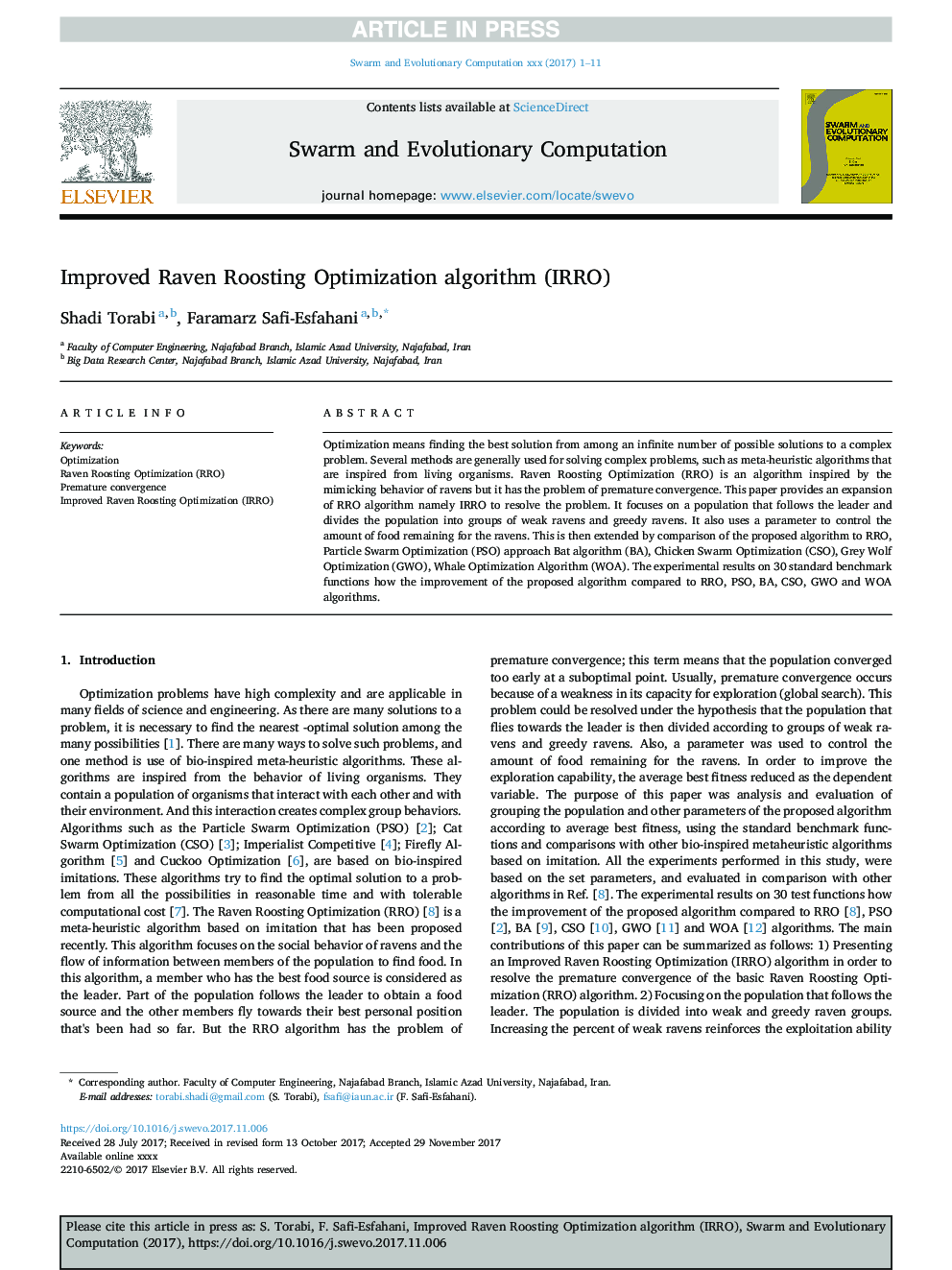 Improved Raven Roosting Optimization algorithm (IRRO)