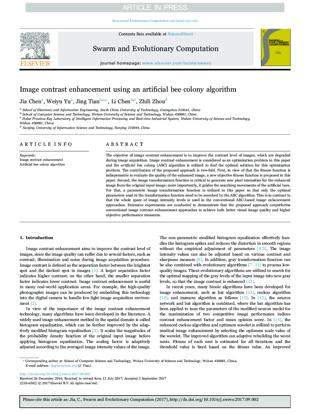 Image contrast enhancement using an artificial bee colony algorithm