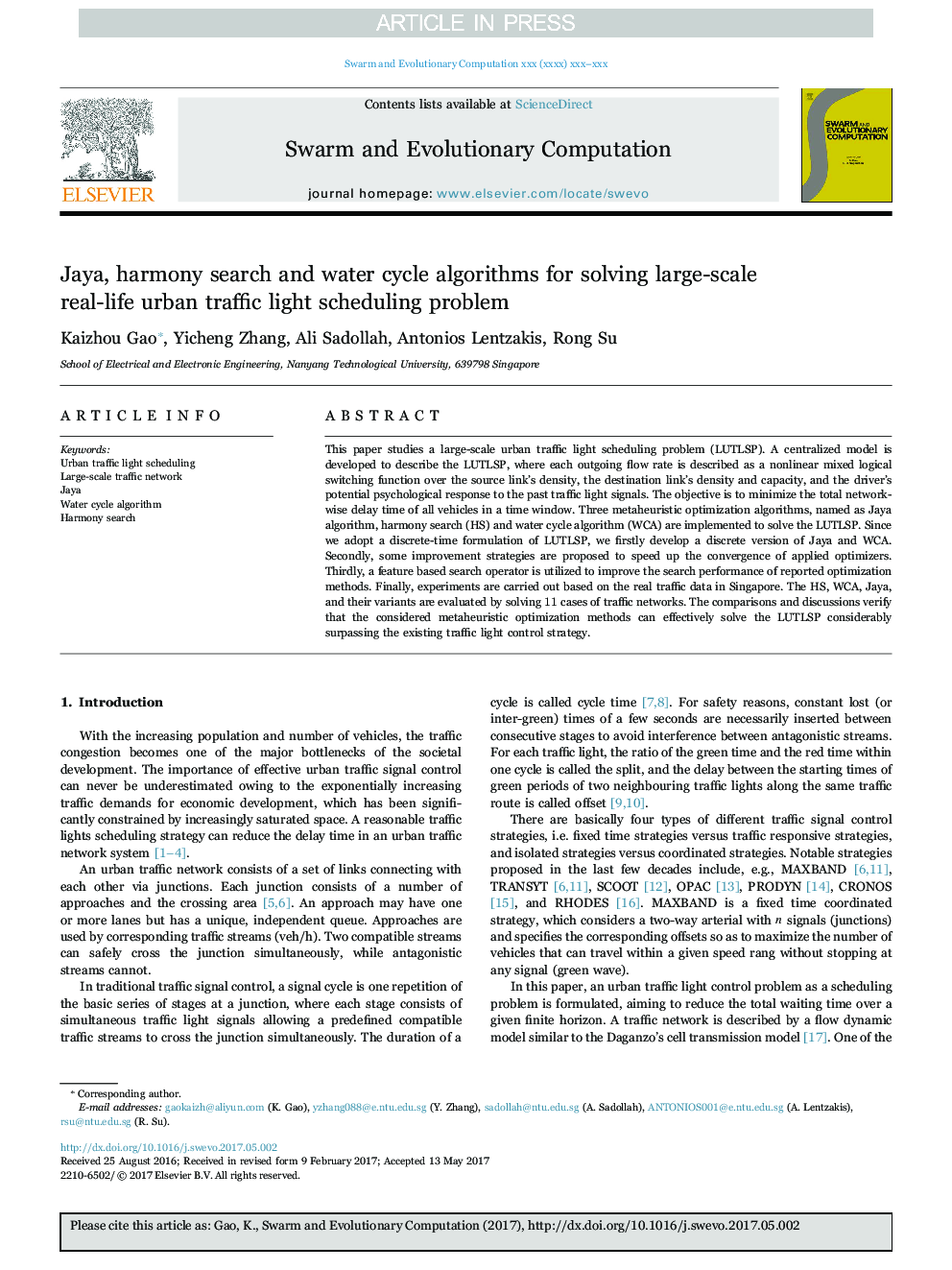 Jaya, harmony search and water cycle algorithms for solving large-scale real-life urban traffic light scheduling problem
