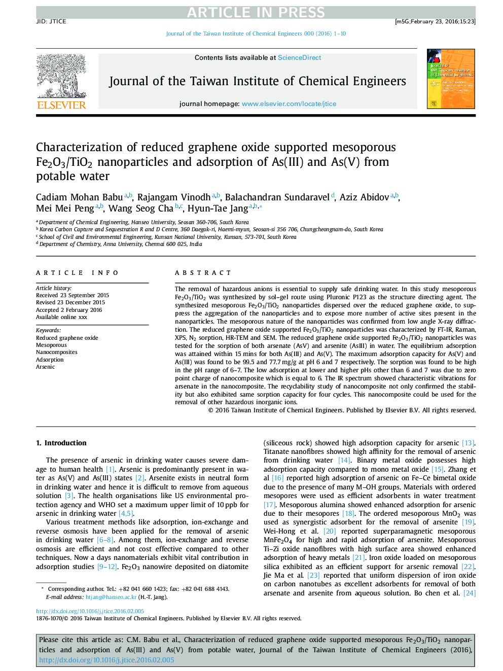 Characterization of reduced graphene oxide supported mesoporous Fe2O3/TiO2 nanoparticles and adsorption of As(III) and As(V) from potable water
