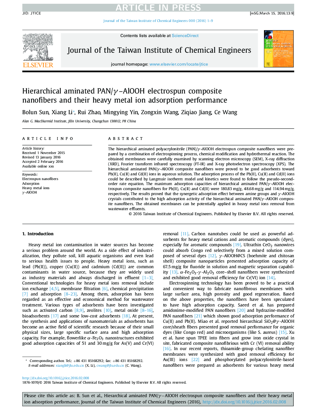 Hierarchical aminated PAN/Î³-AlOOH electrospun composite nanofibers and their heavy metal ion adsorption performance