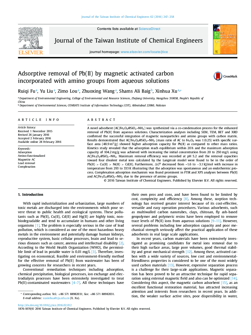 Adsorptive removal of Pb(II) by magnetic activated carbon incorporated with amino groups from aqueous solutions