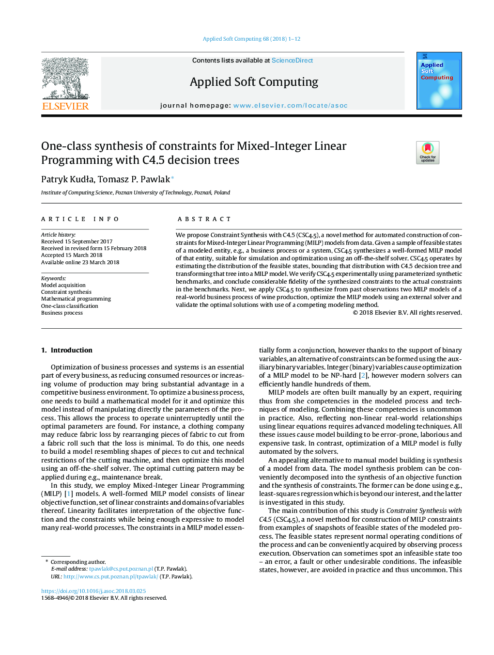 One-class synthesis of constraints for Mixed-Integer Linear Programming with C4.5 decision trees