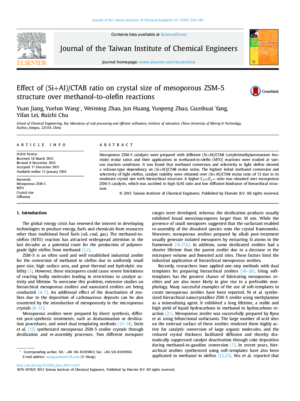 Effect of (Si+Al)/CTAB ratio on crystal size of mesoporous ZSM-5 structure over methanol-to-olefin reactions