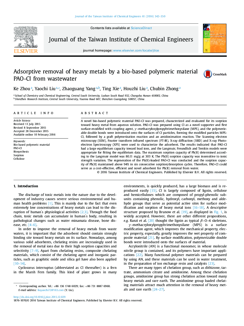 Adsorptive removal of heavy metals by a bio-based polymeric material PAO-CI from wastewater