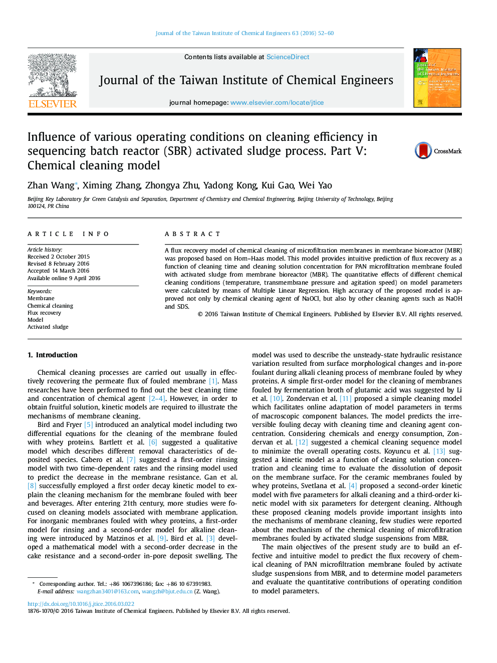 Influence of various operating conditions on cleaning efficiency in sequencing batch reactor (SBR) activated sludge process. Part V: Chemical cleaning model