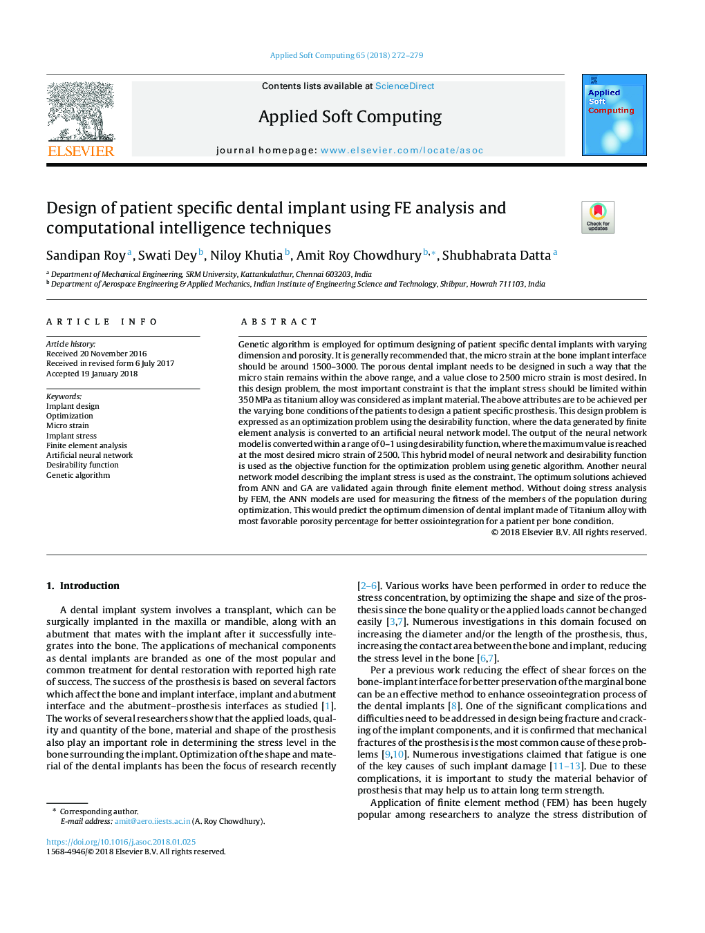 Design of patient specific dental implant using FE analysis and computational intelligence techniques