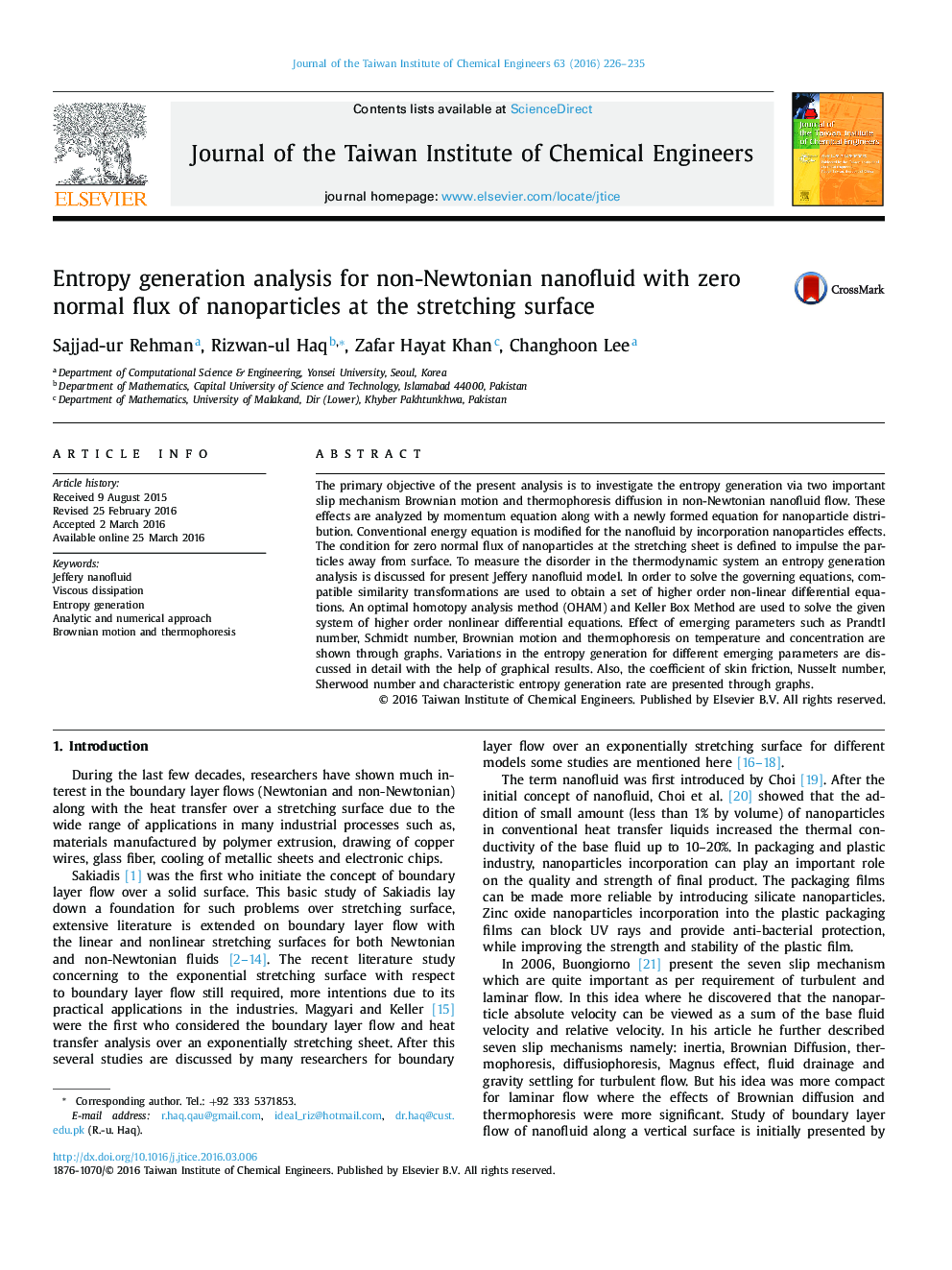 Entropy generation analysis for non-Newtonian nanofluid with zero normal flux of nanoparticles at the stretching surface