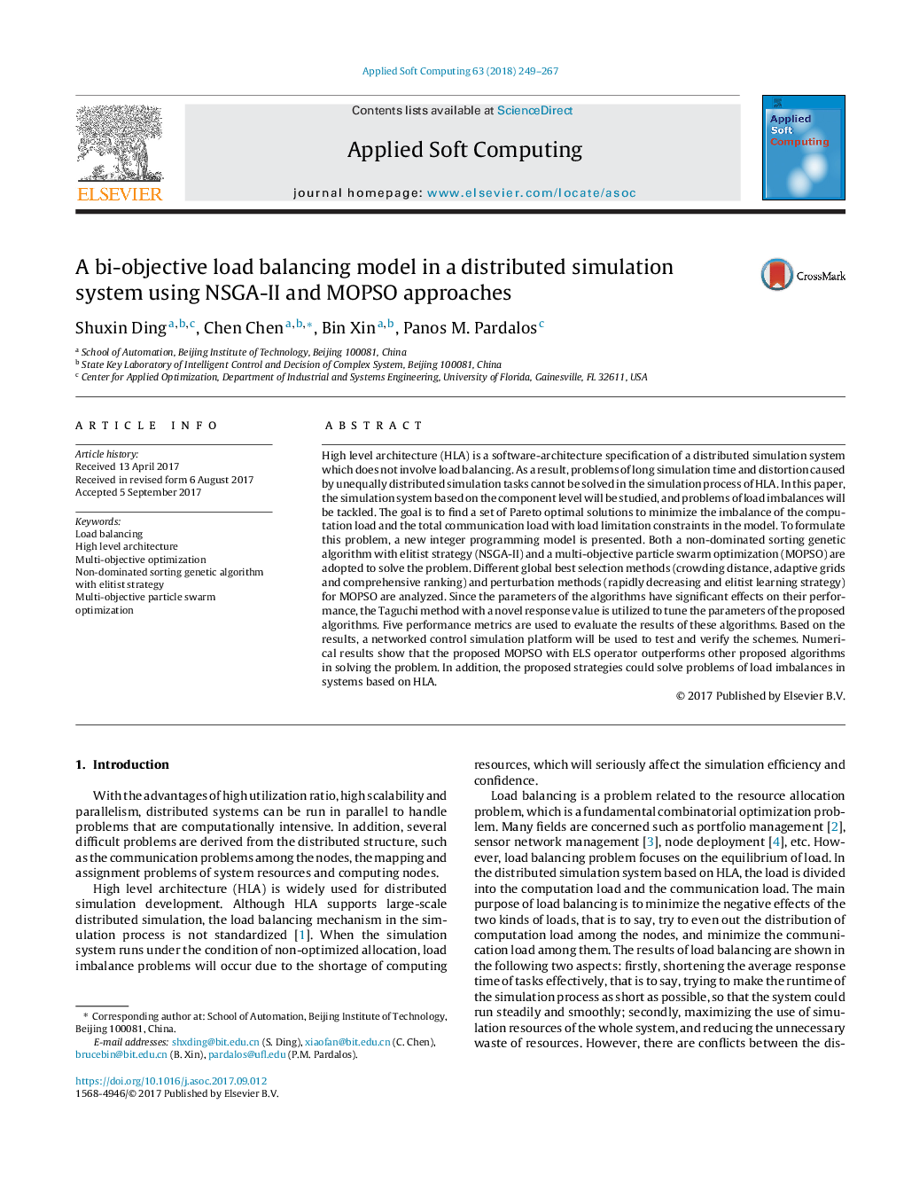 A bi-objective load balancing model in a distributed simulation system using NSGA-II and MOPSO approaches