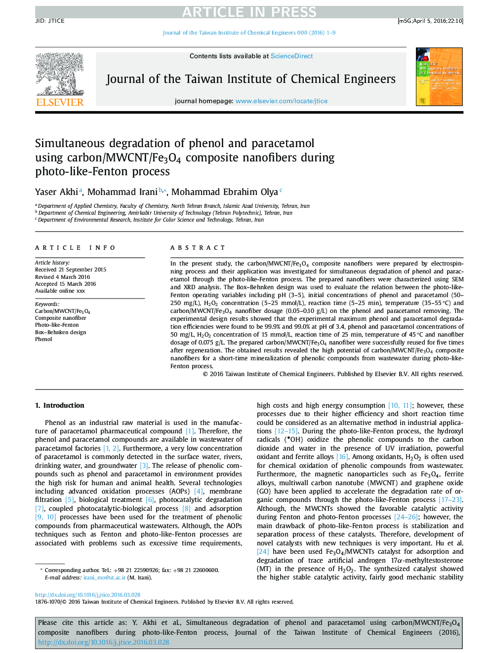 Simultaneous degradation of phenol and paracetamol using carbon/MWCNT/Fe3O4 composite nanofibers during photo-like-Fenton process